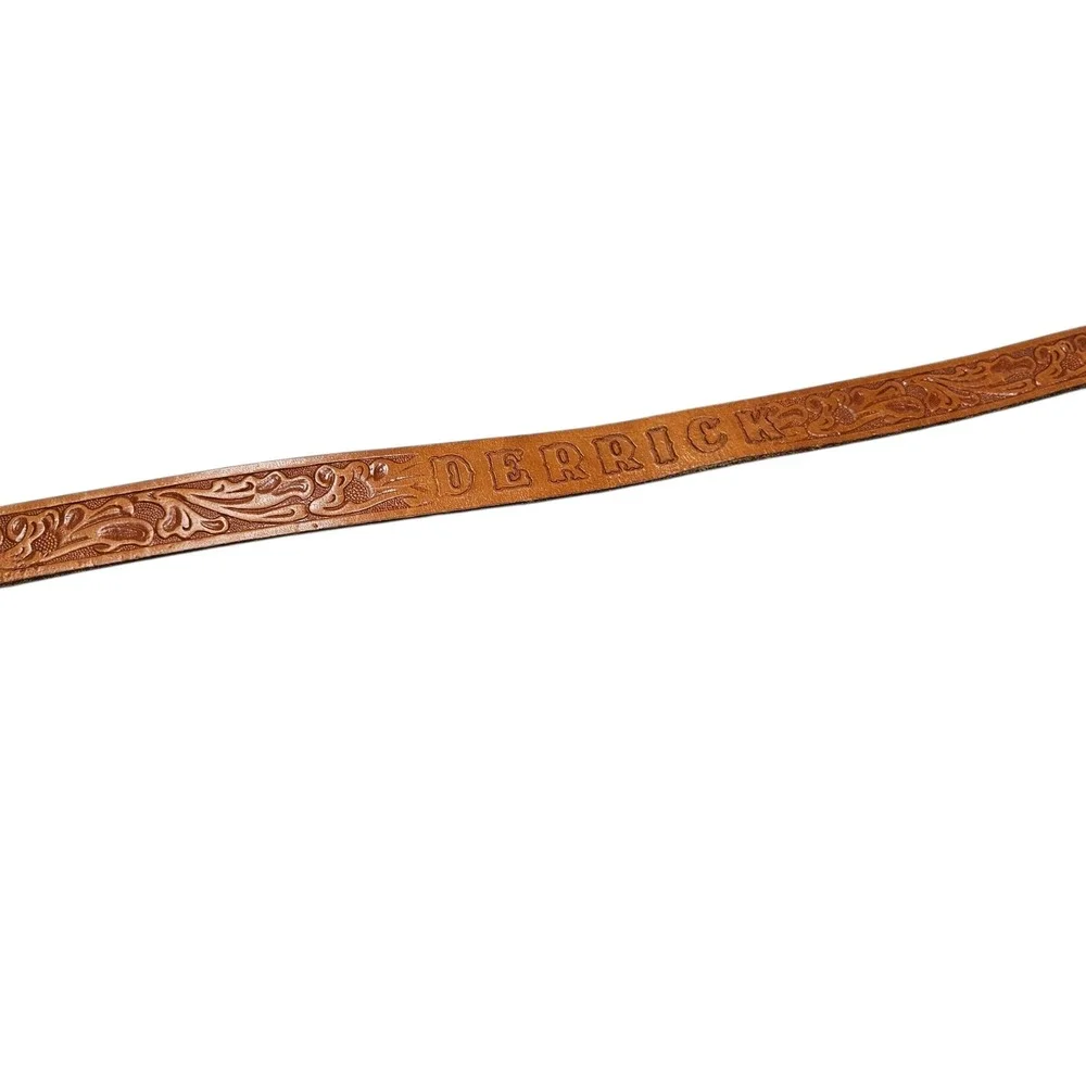 Vintage Leather Belt Tooled Floral Personalized DERRICK Western Style‎ Tan 28